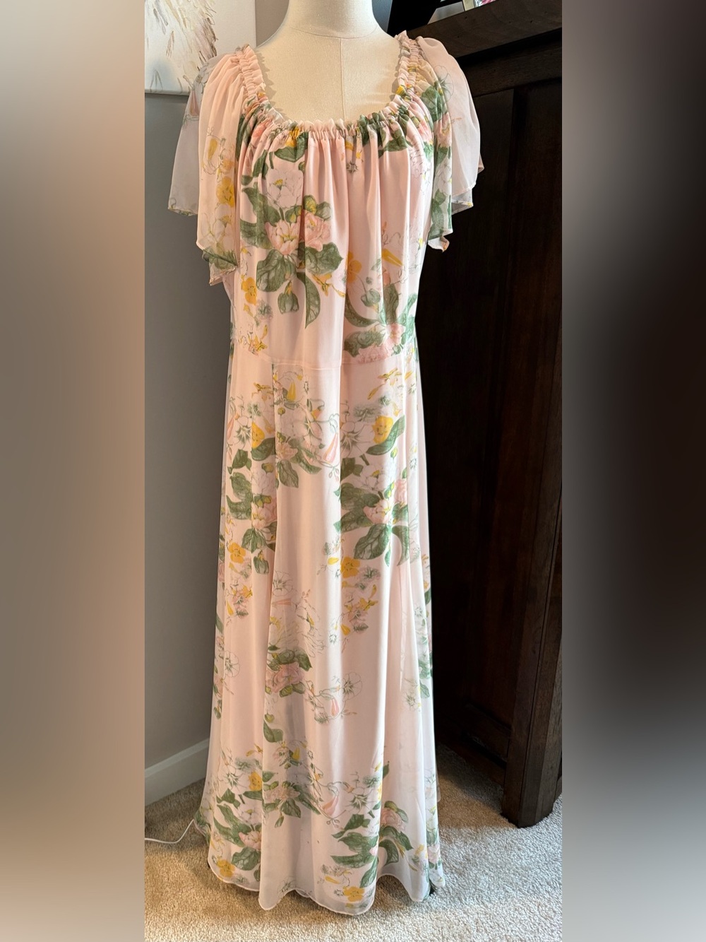 Rachel Parcell Blush Pink Maxi Dress with Green and Yellow Floral Print- EUC